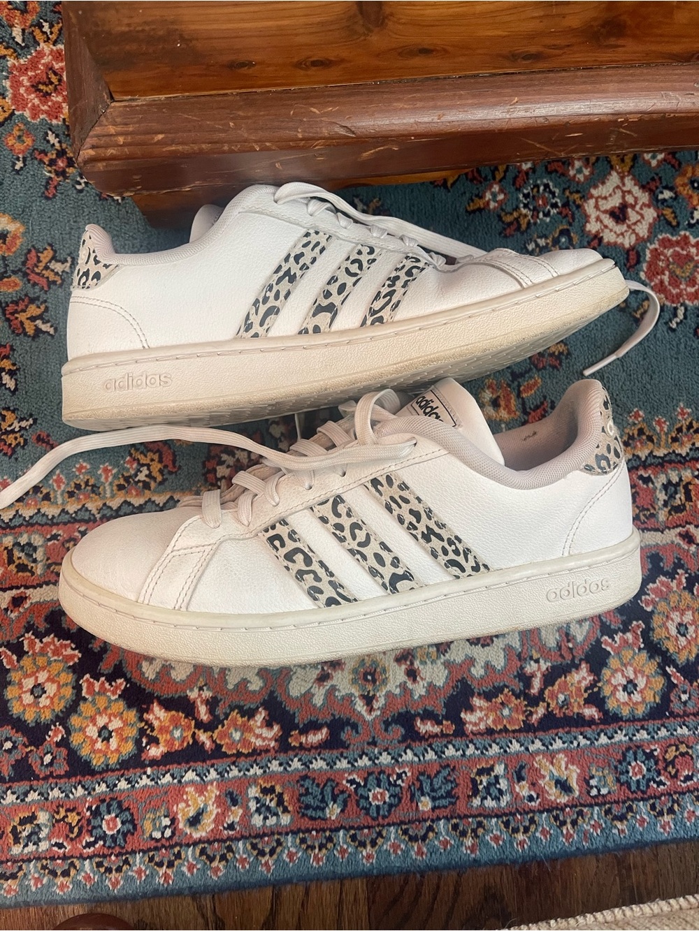 Adidas 8.5 Women's White Sneaker with Leopard Stripe Accents